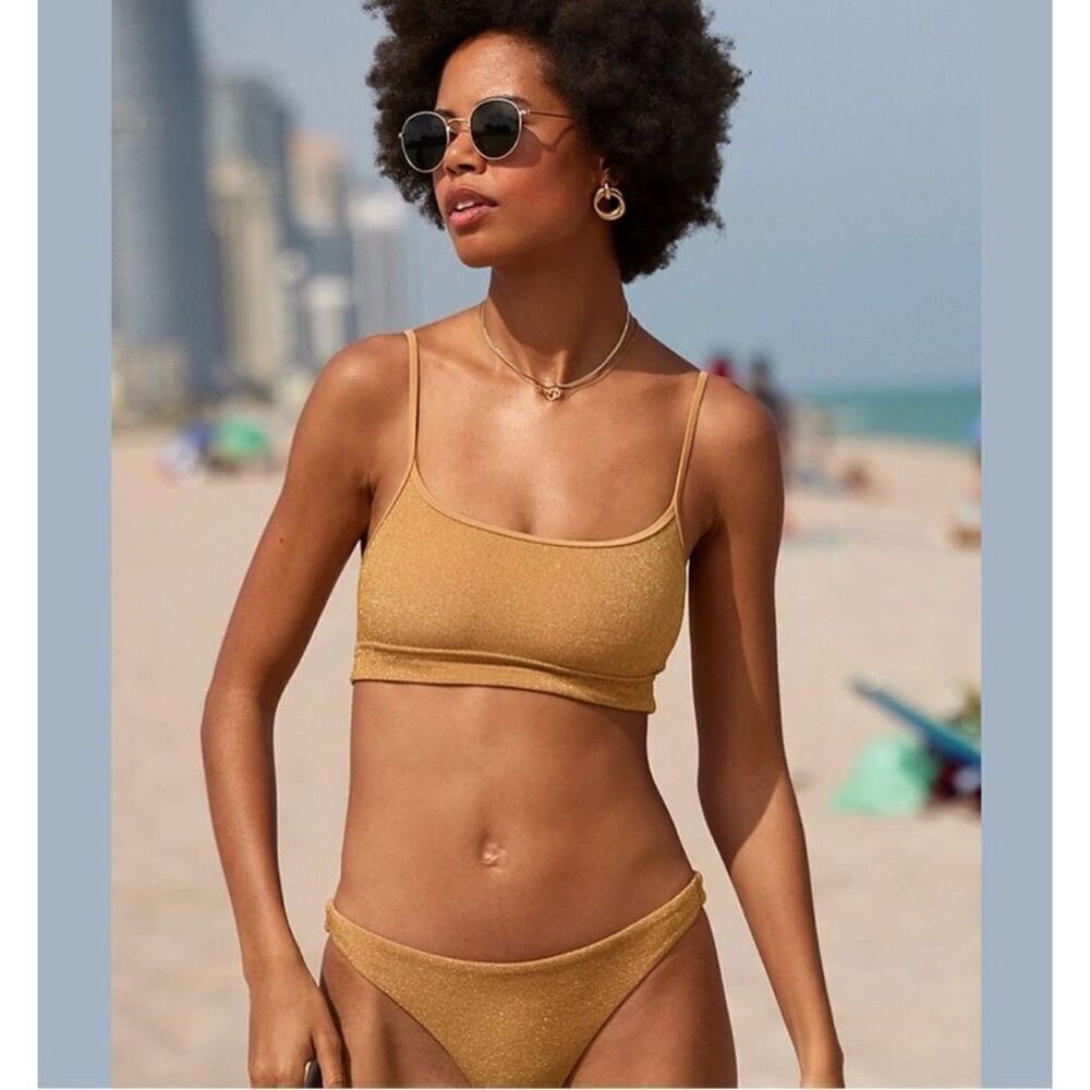 Aerie Offline Tan Shimmer Scoop Bikini Top Witg Adjustable Straps Size XS